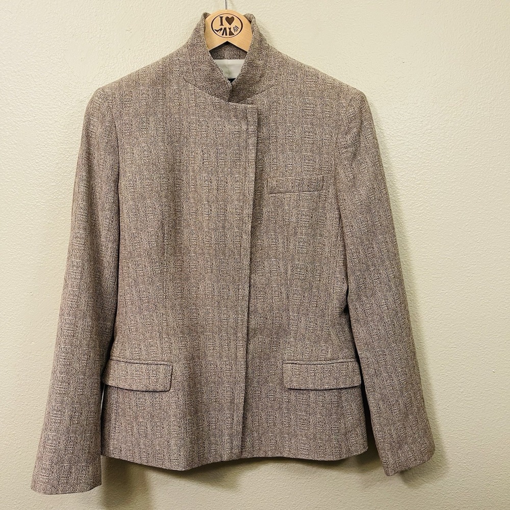 Calvin Klein Wool Blend Blazer Jacket Beige Brown Asymmetrical High Collar Sz 8